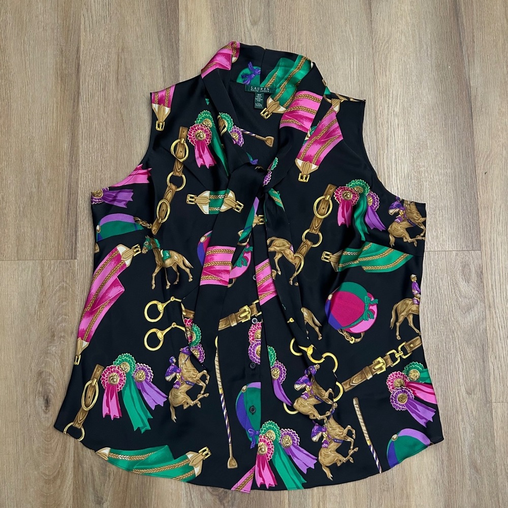 Ralph Lauren Black Silk Tie-Neck Sleeveless Blouse with Pink & Green Print